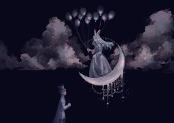 Rule 34 | 1boy, 1girl, balloon, blue cape, blue hair, blush, cape, closed mouth, cloud, commentary, crescent moon, crown, dark background, dress, eye contact, from side, highres, holding, holding balloon, long dress, long hair, looking at another, moon, night, on crescent, original, short hair, silver dress, silver hair, smile, standing, star (symbol), symbol-only commentary, takasagi (takasagi 07), yellow eyes
