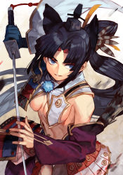 Rule 34 | 1girl, armor, asymmetrical sleeves, bare shoulders, black hair, black hat, blue eyes, blue gloves, breast curtains, breasts, detached sleeves, fate/grand order, fate (series), feather hair ornament, feathers, gloves, hair ornament, hat, holding, holding sword, holding weapon, hungry clicker, japanese armor, katana, kusazuri, long hair, long sleeves, looking to the side, medium breasts, mismatched sleeves, parted bangs, pom pom (clothes), revealing clothes, sheath, side ponytail, sidelocks, single glove, solo, sword, ushiwakamaru (fate), very long hair, weapon, wide sleeves