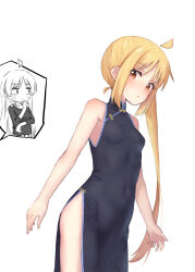 Rule 34 | 2girls, :o, alternate costume, black dress, blonde hair, bocchi the rock!, breasts, china dress, chinese clothes, commentary request, covered navel, dress, highres, ijichi nijika, ijichi seika, kuramoto takato, long hair, looking at viewer, multiple girls, red eyes, siblings, simple background, sisters, sleeveless, sleeveless dress, small breasts, thighs, white background