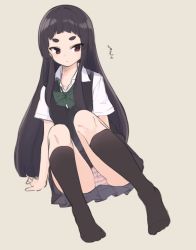 Rule 34 | 1girl, black hair, black skirt, black socks, bow, brown background, collared shirt, commentary request, green bow, kneehighs, kuranami shiki, long hair, natsuki teru, no shoes, original, panties, pleated skirt, red eyes, shirt, short eyebrows, short sleeves, simple background, sitting, skirt, socks, solo, striped clothes, striped panties, sweater vest, thick eyebrows, translation request, underwear, very long hair, white shirt