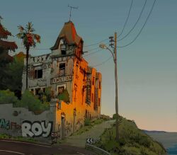 Rule 34 | abandoned, alariko, blue sky, boarded windows, brick wall, building, bush, clear sky, color banding, day, english text, graffiti, highres, hill, lamppost, no humans, ocean, original, outdoors, overgrown, palm tree, path, plant, power lines, radio antenna, railing, road, road sign, scenery, sign, sky, tree, weeds