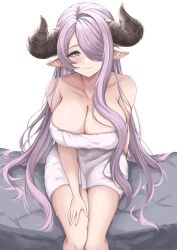 Rule 34 | 1girl, 27h kikyo, arm behind back, blue eyes, blush, breasts, feet out of frame, granblue fantasy, highres, horns, large breasts, long hair, looking at viewer, narmaya (granblue fantasy), pointy ears, purple hair, simple background, sitting, smile, source request, sweatdrop, towel, very long hair, wet, wet hair, white background