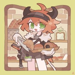 Rule 34 | 1girl, ahoge, arknights, baguette, basket, black jacket, blush, bread, brick wall, brown shirt, brown shorts, chocolate cornet, commentary, cow girl, cow horns, croissant, croissant (arknights), food, fur-trimmed jacket, fur trim, green eyes, highres, holding, holding tongs, holding tray, horns, id card, inset border, jacket, kdmr0402, looking at viewer, open mouth, orange hair, shelf, shirt, short hair, shorts, signature, simple background, smile, solo, symbol-only commentary, tongs, tray, yellow background