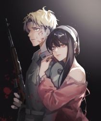 Rule 34 | 1boy, 1girl, ahoge, bare shoulders, black hair, blonde hair, blood, blood on face, blue eyes, blush, chinese commentary, closed mouth, commentary request, dress, elicooc, gun, highres, holding, holding gun, holding weapon, husband and wife, looking at viewer, nail polish, off-shoulder dress, off shoulder, red dress, red eyes, red nails, short hair with long locks, sidelocks, smile, soldier, spy x family, sweater, sweater dress, twilight (spy x family), undercut, weapon, yor briar