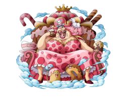 Rule 34 | 1girl, bodskih, breasts, cake, charlotte linlin, cleavage, crown, dress, eating, fat, food, fruit, hat, high heels, jewelry, lipstick, long hair, makeup, official art, one piece, one piece treasure cruise, open mouth, pink hair, pirate hat, ring, sitting, solo, strawberry, teeth, transparent background