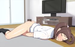 Rule 34 | 1girl, ass, blush, bottomless, breast press, breasts, brown hair, clammbon, closed eyes, female focus, highres, large breasts, legs, lying, no panties, on stomach, open clothes, original, school uniform, shiny skin, sleeping, socks, solo, sweat, television, thighs, twintails