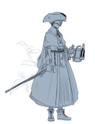 Rule 34 | 1girl, bloodborne, blowtorch, boots, cane, covered eyes, from software, hat, monochrome, murai shinobu, solo, tricorne, yurie the last scholar