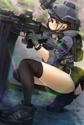 Rule 34 | 1girl, absurdres, assault rifle, behind cover, black thighhighs, ear protection, enpera (jdud8375), fn scar, fn scar 16, from side, gloves, green eyes, gun, helmet, highres, holding, holding gun, holding weapon, left-handed, lens flare, night-vision device, original, outdoors, rifle, safety glasses, short shorts, shorts, skindentation, solo, tactical clothes, thighhighs, watch, weapon, wristwatch