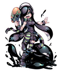 Rule 34 | 1girl, :d, absurdres, aria wintermint, bare shoulders, belt, black footwear, black hair, black scarf, boots, commission, cosplay, goth fashion, green eyes, green scarf, gug, hair over one eye, highres, inkling (cosplay), inkling player character, long hair, nintendo, open mouth, paint splatter, parororo, scarf, simple background, smile, smirk, splatoon (series), splatoon 1, splattershot (splatoon), standing, standing on one leg, striped clothes, striped scarf, super soaker, tentacle hair, the crawling city, thighhighs, weapon, white background, zettai ryouiki