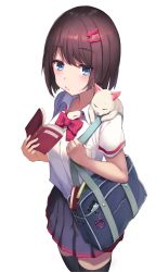 Rule 34 | 1girl, arrow (symbol), bad id, bad pixiv id, bag, bag charm, black thighhighs, blue eyes, blush, book, bow, bowtie, breast pocket, brown hair, cellphone, charm (object), closed mouth, collared shirt, hands up, holding, holding book, jitome, miya (tokumei), on shoulder, open book, original, phone, pink bow, pink bowtie, pocket, pursed lips, school bag, school uniform, shirt, short hair, shoulder bag, sidelocks, simple background, smartphone, solo, striped bow, striped bowtie, striped clothes, striped neckwear, thighhighs, white background, white shirt