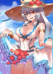 Rule 34 | 10s, 1girl, animal ears, bad id, bad pixiv id, braid, breasts, cat ears, cleavage, clothes lift, covered navel, dakunesu, ears through headwear, erune, flower, granblue fantasy, hair between eyes, hair intakes, hair tubes, hat, hat flower, heles, heles (summer) (granblue fantasy), hibiscus, highres, large breasts, long hair, looking at viewer, one-piece swimsuit, open mouth, sideboob, silver hair, single braid, skirt, skirt basket, skirt lift, solo, straw hat, sun hat, swimsuit, thighs, tsurime, very long hair, yellow eyes