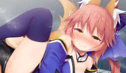 Rule 34 | animal ear fluff, animal ears, bare shoulders, blue dress, blue legwear, blush, breasts, clothed sex, collar, dress, fate/grand order, fate (series), fox ears, fox girl, fox tail, hair between eyes, half-closed eyes, haryuu (poetto), highres, implied sex, leg up, lying, motion lines, nose blush, off-shoulder dress, off shoulder, on side, pink hair, small breasts, strapless, strapless dress, tail, tamamo no mae (fate/extra), thighhighs, wavy mouth, yellow eyes