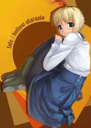 Rule 34 | 00s, 1girl, :3, absurdres, ahoge, artoria pendragon (all), artoria pendragon (fate), blonde hair, blouse, blue eyes, boots, copyright name, fate/hollow ataraxia, fate/stay night, fate (series), female focus, fetal position, full body, highres, mikazuki akira!, pantyhose, saber (fate), shirt, skirt, smile, solo, torrent, trimoon