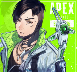 Rule 34 | 1boy, animification, apex legends, black hair, black shirt, brown eyes, collarbone, crypto (apex legends), drone, hack (apex legends), highres, jacket, jewelry, looking at viewer, lupi (yuni 060969), male focus, necklace, open mouth, portrait, shirt, solo, undercut, white jacket