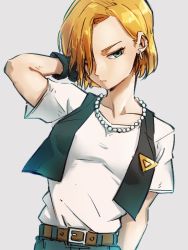 Rule 34 | 1girl, android 18, belt, black gloves, blonde hair, blue eyes, brown belt, closed mouth, collarbone, denim, dragon ball, dragonball z, earrings, gloves, grey background, hair over one eye, high-waist pants, jeans, jewelry, kemachiku, looking at viewer, necktie, pants, shirt, short hair, short sleeves, simple background, solo, white shirt
