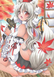 Rule 34 | 1girl, animal ears, autumn, autumn leaves, backless outfit, bare shoulders, barefoot, black skirt, detached sleeves, fang, frilled skirt, frilled sleeves, frills, from behind, full body, grey hair, grey tail, hat, highres, holding, holding sword, holding weapon, inubashiri momiji, katana, long hair, looking at viewer, looking back, maccha xxxxxx, marker (medium), nail polish, no panties, open mouth, pom pom (clothes), red eyes, red hat, red nails, red ribbon, red tassel, ribbon, ribbon-trimmed sleeves, ribbon trim, sample watermark, sheath, sheathed, sitting, skirt, sleeve ribbon, soles, solo, sword, tail, tatami, tokin hat, touhou, traditional media, tree, wariza, watermark, weapon, wide sleeves, wolf ears, wolf girl, wolf tail