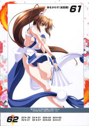 Rule 34 | 1girl, alternate color, bare shoulders, breasts, brown eyes, brown hair, cleavage, fatal fury, hand fan, highres, holding, holding fan, izumi mahiru, large breasts, long hair, looking at viewer, ninja, non-web source, official art, pelvic curtain, ponytail, queen&#039;s blade, queen&#039;s gate, revealing clothes, scan, shiranui mai, sideboob, simple background, solo, the king of fighters