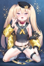 Rule 34 | + +, 1girl, absurdres, anchor, azur lane, bache (azur lane), bandaid, bandaid on knee, bandaid on leg, bare shoulders, black hat, blonde hair, breasts, chain, clothes writing, collar, collarbone, fishnet socks, fishnets, fur-trimmed jacket, fur trim, furrowed brow, groin, hand up, hat, highres, jacket, long hair, loose socks, micro shorts, navel, neckerchief, off-shoulder jacket, off shoulder, ok sign, open clothes, open fly, open jacket, pink collar, purple eyes, sailor collar, shorts, single thighhigh, sleeveless, small breasts, socks, solo, thighhighs, two side up, unizou, very long hair, white socks, yellow jacket, yellow neckerchief