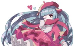 Rule 34 | 1girl, aqua hair, beret, bow, character request, dress, dress bow, hat, heart, long hair, long sleeves, mittens, original, personification, petticoat, pink bow, pink dress, pink hat, pink scarf, scarf, simple background, solo, usagi nui, white background, white mittens, yellow eyes