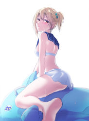 Rule 34 | 1girl, bare legs, between legs, bikini, bikini skirt, blonde hair, blush, brown eyes, from side, haikyuu!!, hair between eyes, hand between legs, highres, inflatable dolphin, inflatable toy, looking at viewer, looking back, namo, parted lips, sailor bikini, sailor collar, side ponytail, sidelocks, simple background, sitting, skirt, soles, solo, swimsuit, thighs, white background, white bikini, white skirt, yachi hitoka