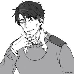 Rule 34 | 1boy, absurdres, black hair, graves (hustle cat), hand up, highres, hustle cat, jewelry, looking at viewer, monochrome, necklace, old, old man, pea jpg, ring, short hair, simple background, sweater, upper body, white background