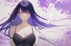 Rule 34 | 1girl, bare shoulders, breasts, camisole, cleavage, commentary, genshin impact, long hair, looking at viewer, medium breasts, mole, mole under eye, petals, purple eyes, purple hair, raiden shogun, solo, spaghetti strap, upper body, xion32