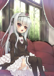 Rule 34 | 00s, asa (swallowtail), black thighhighs, blush, curtains, dress, frilled thighhighs, frills, from below, gothic lolita, hairband, highres, lolita fashion, open mouth, purple eyes, ribbon, rozen maiden, silver hair, sitting, solo, suigintou, thighhighs, window