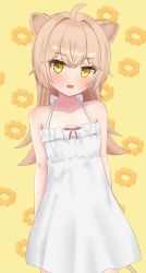 Rule 34 | 1girl, absurdres, ahoge, animal ears, bare arms, bare shoulders, brown hair, collarbone, commentary request, dress, fangs, food-themed background, frilled dress, frills, hair intakes, highres, indie virtual youtuber, lion ears, lion girl, lion tail, long hair, looking at viewer, michou, open mouth, rurudo lion, rurudo lion (1st costume), sleeveless, sleeveless dress, solo, tail, virtual youtuber, white dress, yellow background, yellow eyes