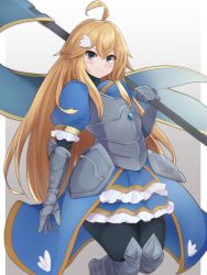 Rule 34 | 1girl, ahoge, armor, armored dress, banner, black pants, blonde hair, blue eyes, breastplate, commission, copyright request, gauntlets, gradient background, greaves, grey background, hair between eyes, hair ornament, hairclip, highres, long hair, looking at viewer, pants, puffy short sleeves, puffy sleeves, short sleeves, simple background, skeb commission, smile, solo, virtual youtuber, yonaga san