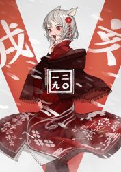 Rule 34 | 1girl, animal ears, brown shawl, commentary request, covered mouth, dog ears, feet out of frame, flower, grey background, grey hair, hair flower, hair ornament, highres, japanese clothes, kaneni, kimono, looking at viewer, original, red eyes, red flower, red kimono, shawl, short hair, simple background, snowing, solo
