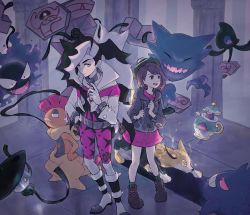 Rule 34 | 1boy, 1girl, belt, bike shorts, black hair, bob cut, boltund, boots, brown eyes, brown footwear, brown hair, buttons, cable knit, cardigan, collared dress, commentary request, creatures (company), cropped jacket, dress, galarian form, galarian yamask, game freak, gastly, gen 1 pokemon, gen 5 pokemon, gen 8 pokemon, gengar, gloria (pokemon), green eyes, green headwear, green socks, grey cardigan, hat, haunter, highres, hooded cardigan, jacket, lampent, long hair, multicolored hair, nintendo, open mouth, piers (pokemon), pink dress, plaid socks, pokemon, pokemon (creature), pokemon swsh, polteageist, runerigus, scrafty, shirt, short hair, socks, standing, sweatdrop, tam o&#039; shanter, two-tone hair, white hair, white jacket, yuki aoi (konno)