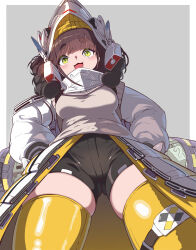 Rule 34 | 1girl, :3, :d, bell, black shorts, blunt ends, blush, braid, breasts, brown hair, brown sweater vest, chime (nikke), coat, commentary request, cowboy shot, from below, gluteal fold, goddess of victory: nikke, hands on own hips, helmet, highres, long hair, looking at viewer, medium breasts, open mouth, short shorts, shorts, sidelocks, simple background, skindentation, smile, solo, standing, sweater vest, syope, thick eyebrows, thick thighs, thighhighs, thighs, twin braids, visor (armor), white coat, yellow thighhighs
