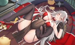Rule 34 | 2023, absurdres, aegir (azur lane), aegir (golden dragon among auspicious clouds) (azur lane), ass, azur lane, black gloves, branch, breasts, cleavage, demon horns, earrings, extreme dangling, feet, firecrackers, gift, gloves, highres, horns, jewelry, large breasts, luoloo, lying, manjuu (azur lane), multicolored hair, on back, red hair, sparkle, thighhighs, white hair, yellow eyes