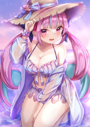 Rule 34 | 1girl, bare legs, bare shoulders, bikini, blue hair, blue nails, blue ribbon, blush, breasts, brown hat, cleavage, colored inner hair, drill hair, frilled bikini, frills, hair ribbon, hand on headwear, hat, hat ribbon, highres, hololive, jacket, large breasts, long hair, minato aqua, multicolored hair, nail polish, off shoulder, open clothes, open jacket, open mouth, pink eyes, pink hair, ribbon, see-through, see-through jacket, smile, solo, swimsuit, thighhighs, twin drills, twintails, very long hair, virtual youtuber, yuano