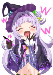 Rule 34 | 1girl, arched bangs, black capelet, brooch, capelet, closed eyes, cropped shirt, gloves, grey hair, grey shirt, hair bun, hat, hexagram hair ornament, highres, hololive, jewelry, kouyuki umika, laughing, layered capelet, looking at viewer, murasaki shion, murasaki shion (1st costume), navel, pinstripe pattern, pinstripe shirt, purple capelet, shirt, short eyebrows, single side bun, star brooch, striped clothes, striped shirt, tilted headwear, vertical-striped clothes, vertical-striped shirt, virtual youtuber, witch hat