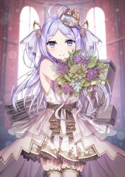 Rule 34 | 1girl, antenna hair, azur lane, blue eyes, blurry, bouquet, commentary request, cowboy shot, crown, depth of field, dress, flower, hair ornament, highres, jupiter (azur lane), light purple hair, long hair, looking at viewer, ribbon, rigging, shi niao, sleeveless, sleeveless dress, smile, standing, thighhighs, torpedo tubes, twintails, two side up, wedding dress, window