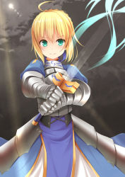 Rule 34 | 1girl, ahoge, aibumi, armor, armored dress, artoria pendragon (fate), bad id, bad pixiv id, blonde hair, excalibur (fate/stay night), fate/stay night, fate (series), gauntlets, green eyes, invisible air (fate), pen-zin, saber (fate), solo, sword, weapon