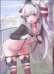 Rule 34 | 1girl, :d, absurdres, akasaai, amatsukaze (kancolle), black panties, blush, breasts, brown eyes, clothes lift, collarbone, covered erect nipples, female focus, hair ornament, hair tubes, highres, kantai collection, lifebuoy, long hair, nipples, no bra, no pants, open mouth, outdoors, panties, panty pull, pussy juice, school uniform, serafuku, shiny skin, shirt lift, silver hair, small breasts, smile, solo, sweat, swim ring, thighhighs, underwear, very long hair