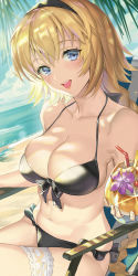 Rule 34 | 1girl, :d, bad id, bad pixiv id, beach, bikini, black bikini, blonde hair, blue eyes, blue sky, blush, braid, breasts, chair, cleavage, cloud, collarbone, cup, day, fate/grand order, fate (series), hair between eyes, hairband, highres, holding, holding cup, jeanne d&#039;arc (fate), jeanne d&#039;arc (ruler) (fate), jeanne d&#039;arc (swimsuit archer) (fate), jeanne d&#039;arc (swimsuit archer) (first ascension) (fate), large breasts, long hair, looking at viewer, lounge chair, ocean, open mouth, outdoors, palm tree, sage joh, sand, single braid, sitting, sky, smile, solo, swimsuit, tree, very long hair