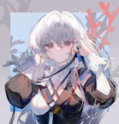 Rule 34 | 1girl, arknights, artist name, black dress, closed mouth, commentary request, coral, dress, hair between eyes, hands up, highres, long hair, long sleeves, looking at viewer, nonhaaa, red eyes, sample watermark, smile, solo, specter (arknights), specter the unchained (arknights), two-tone dress, upper body, watermark, white dress, white hair