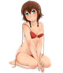 Rule 34 | 1girl, amy (suisei no gargantia), bare shoulders, barefoot, blue eyes, blush, breasts, brown hair, full body, hair ornament, hairclip, looking at viewer, navel, sato non, short hair, simple background, solo, strap slip, suisei no gargantia, swimsuit, tan, tanline, white background