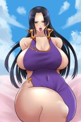 Rule 34 | 1girl, absurdres, aqua eyes, artist name, black hair, blush, boa hancock, breasts, cleavage, collarbone, curvy, earrings, highres, huge breasts, jewelry, long hair, nyabeyo, one piece, open mouth, sky, solo, thick thighs, thighs, tongue, tongue out, wide hips