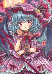 Rule 34 | 1girl, :o, bat wings, black wings, blue hair, bow, brooch, cowboy shot, fang, flower, frilled hat, frilled ribbon, frilled shirt, frilled shirt collar, frilled skirt, frills, hair between eyes, hand on own cheek, hand on own face, hat, hat ribbon, holding, holding polearm, holding weapon, jewelry, looking at viewer, marker (medium), medium hair, mob cap, moon, open mouth, outdoors, petals, pink hat, pink shirt, pink skirt, polearm, puffy short sleeves, puffy sleeves, red bow, red eyes, red flower, red ribbon, red rose, remilia scarlet, ribbon, rose, rose petals, rui (sugar3), sample watermark, shirt, short sleeves, skirt, solo, spear the gungnir, touhou, traditional media, watermark, weapon, wings, wrist cuffs, yellow brooch