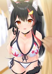 Rule 34 | 1girl, animal ear fluff, animal ears, aria (okuda08808008), bikini, black choker, black hair, blurry, blurry background, bow, breasts, brown eyes, choker, cleavage, collarbone, commentary, commentary request, curtains, hair between eyes, hair bow, hair ornament, hairclip, halterneck, highres, hololive, large breasts, leaf print, leaning forward, looking at viewer, multicolored hair, ookami mio, ookami mio (hololive summer 2019), open mouth, ponytail, pov, side-tie bikini bottom, string bikini, swimsuit, tail, thigh strap, virtual youtuber, white bikini, wolf ears, wolf tail
