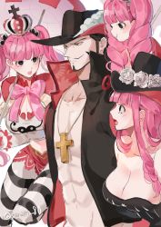 Rule 34 | 1boy, 3girls, abs, bare shoulders, black eyes, black headwear, breasts, cleavage, collarbone, cross, cross necklace, crown, dracule mihawk, drill hair, facial hair, goatee, hat, jewelry, joman, large breasts, lipstick, makeup, mini crown, multiple girls, multiple persona, mustache, necklace, one piece, pantyhose, perona, pink hair, pout, striped clothes, striped legwear, striped pantyhose, twin drills, twintails, twitter username, umbrella