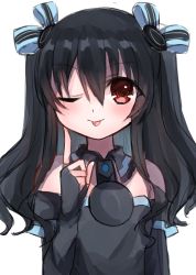 Rule 34 | bare shoulders, black hair, breasts, collar, dress, gloves, hair ornament, hairclip, highres, long hair, neptune (series), one eye closed, rairai vortext, red eyes, small breasts, smile, tongue, tsundere, twintails, two side up, uni (neptunia), wink
