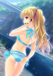 Rule 34 | 10s, 1girl, angel beats!, arm behind back, ass, bad id, bad pixiv id, bikini, blonde hair, blue bikini, blurry, bride, brown eyes, closed mouth, depth of field, dutch angle, frilled bikini, frills, from behind, grass, hair ribbon, halterneck, headset, long hair, microphone, outdoors, pointing, profile, red ribbon, ribbon, satomi yoshitaka, smile, solo, sparkle, standing, striped bikini, striped clothes, swimsuit, thigh gap, twintails, water, yusa (angel beats!)
