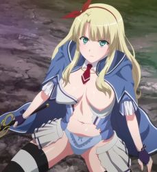 Rule 34 | 1girl, alicia (queen&#039;s blade), blonde hair, blue eyes, blue panties, bow, bow panties, breasts, fingerless gloves, gloves, hairband, large breasts, long hair, necktie, nipples, one breast out, panties, queen&#039;s blade, short necktie, sitting, skirt, solo, stitched, striped clothes, striped thighhighs, sword, thighhighs, third-party edit, torn clothes, torn skirt, underwear, weapon