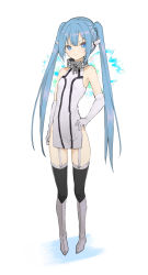 Rule 34 | 1girl, absurdres, bare shoulders, black thighhighs, blue eyes, blue hair, broken, broken chain, chain, closed mouth, covered navel, cuffs, garter straps, gloves, grey footwear, hand on own hip, highres, long hair, mini wings, nitrio, nymph (sora no otoshimono), shackles, simple background, smile, solo, sora no otoshimono, standing, thighhighs, twintails, white background, white gloves, wings