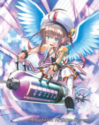 Rule 34 | 10s, 1girl, angel wings, blue eyes, bracelet, brown hair, bushiroad, cardfight!! vanguard, collarbone, dress, gauntlets, guardian angel gedaeru, hat, jewelry, open mouth, oversized object, patorishia, patricia (stylish marunage), sash, smile, solo, striped clothes, striped thighhighs, syringe, thighhighs, white dress, white thighhighs, white wings, wings, zettai ryouiki